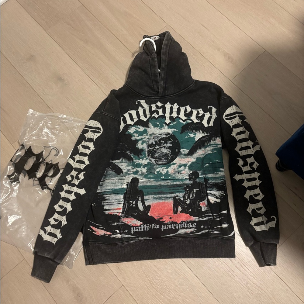 Godspeed Graphic Hoodie in Black with Teal & Red Print